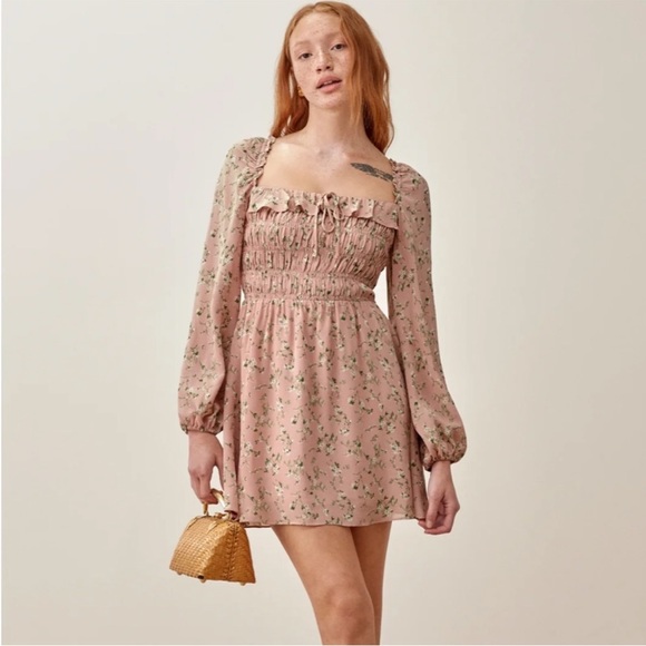 Reformation Morris Smocked Mini Dress In Melody Light Pink Floral Print - Picture 1 of 12